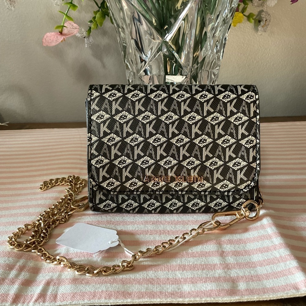 Anne Klein Black and Tan Monogram Wallet on Gold Toned Chain